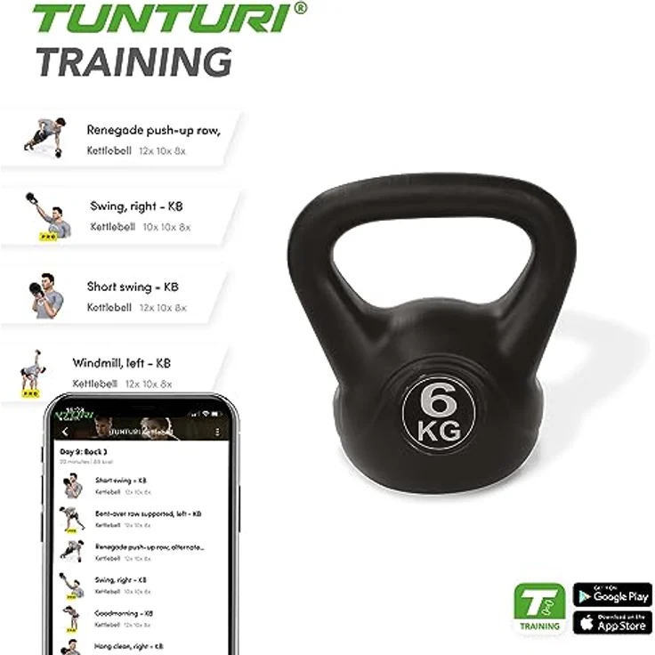 Tunturi Kettlebell 6 kg, Kugelhantel aus PVC mit Sandfüllung für effektives Ganzkörpertraining – Bild 4