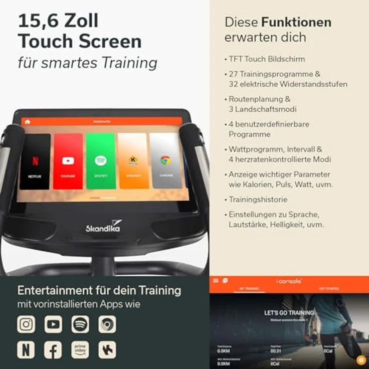 Skandika Crosstrainer Carbon P30-S, Ellipsentrainer mit Touchscreen, Steigung bis 15°, 32 Widerstandsstufen, bis 150 kg, App-kompatibel, mattschwarz – Bild 3