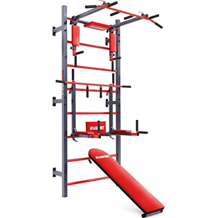 K-Sport: Trainingsset Sprossenwand + Dip Station, Klimmzugstange & Trainingsbank I Kraftstation mit Pull-Up Bar, Dip Stange & Hantelbank, inkl. E-Book – Bild 1