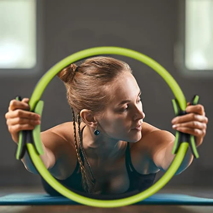 Bluefinity Pilates Ring mit Übungen, Doppelgriff, gepolstert, Widerstandsring Yoga, Fiberglas, Fitness Ring Ø 37cm, grün – Bild 3