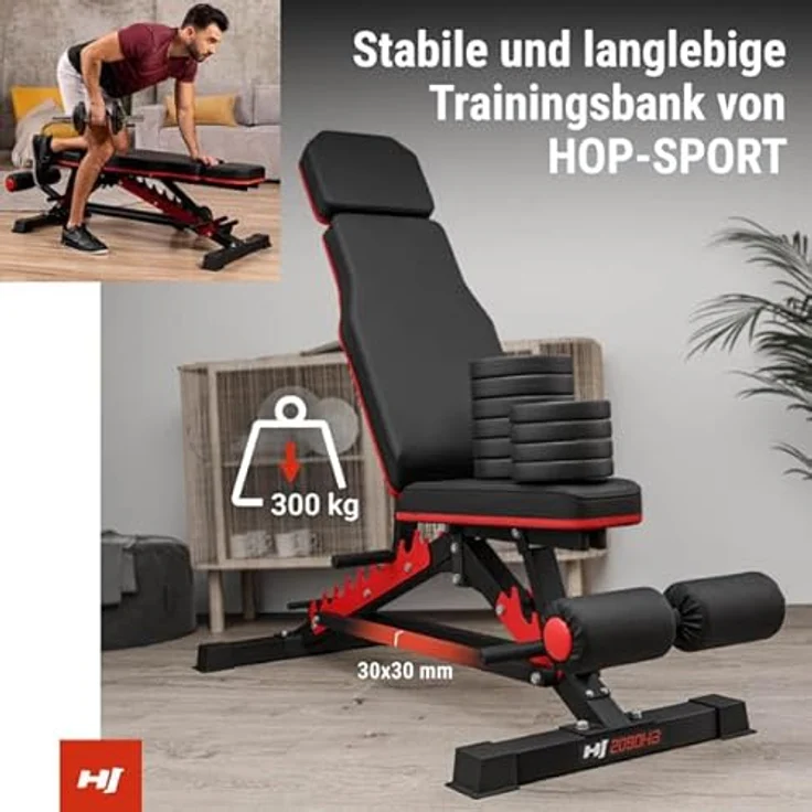 HS HOP-SPORT Hantelbank HS-2090HB, vielseitig & stabil, multifunktionale Trainingsbank, bis zu 300 kg belastbar, schwarz – Bild 2