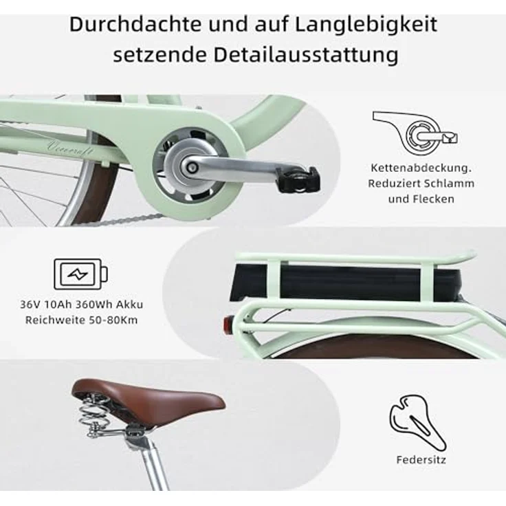 VecoCraft HEBE E-Bike Elektrofahrrad| 28 Zoll | 7-Gang-Schaltung | Ananda Hinterer Motor 250W | EU-Konform | Damen und Herren | Schwarz – Bild 4