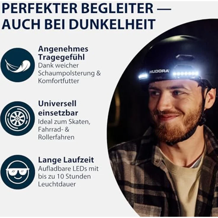 Hudora Velohelm LED, 53-55 cm, mit 28 LED, automatischer Blinkfunktion, Inmould-Bauweise, verstellbarem Kinnriemen und 14 Air-Vents – Bild 3