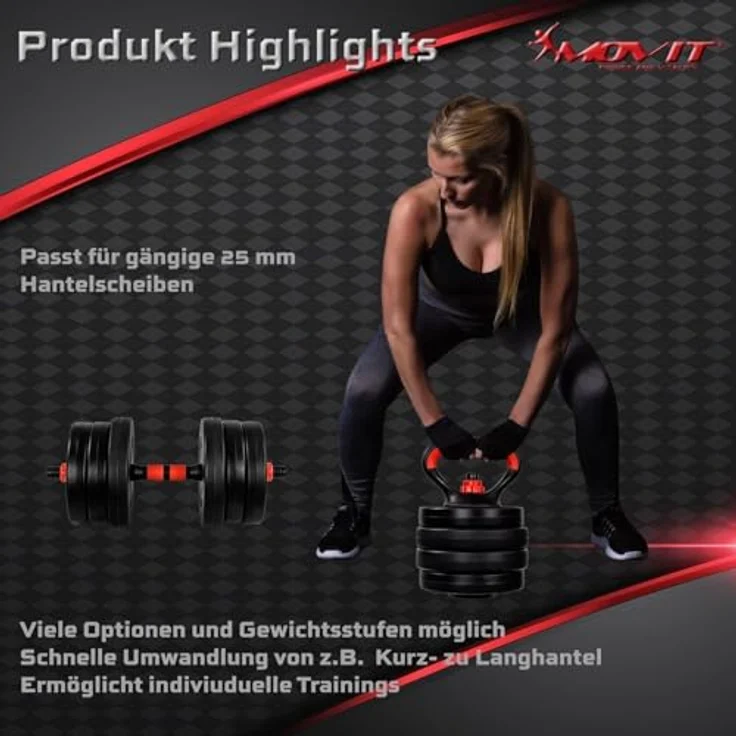 MOVIT 6in1 Hantelset 30 kg rot, Profi Hantel Set mit 2 Kurzhanteln, Kettlebell, Liegestützgriffen und verstellbaren Langhanteln – Bild 7