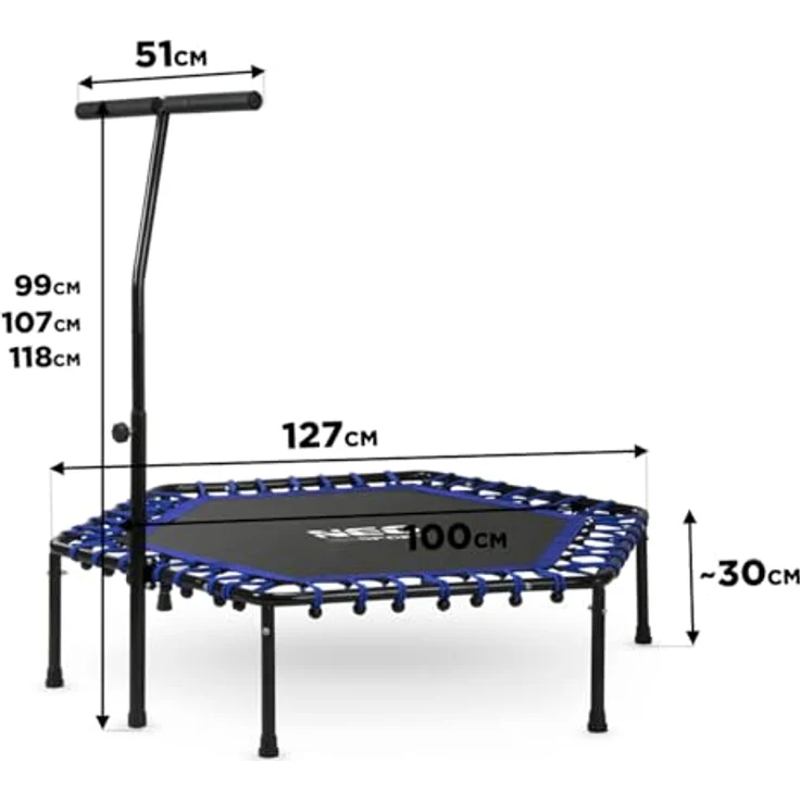 Neo-Sport Fitness Trampolin Klein, Mini Jumping Trampolin mit höhenverstellbarem Haltegriff, Durchmesser 127 cm, bis 100 kg, Indoor-Outdoortauglich, Blau – Bild 3