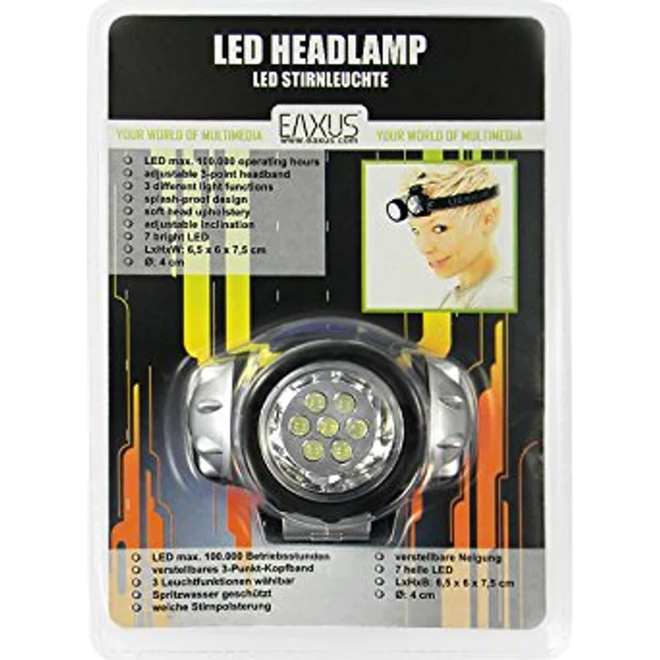 Eaxus Stirnlampe mit 7 LEDs - Leselampe/Kopftaschenlampe mit 3 Leuchtmodi, inkl. 3X AAA Batterie, Schwarz – Bild 2