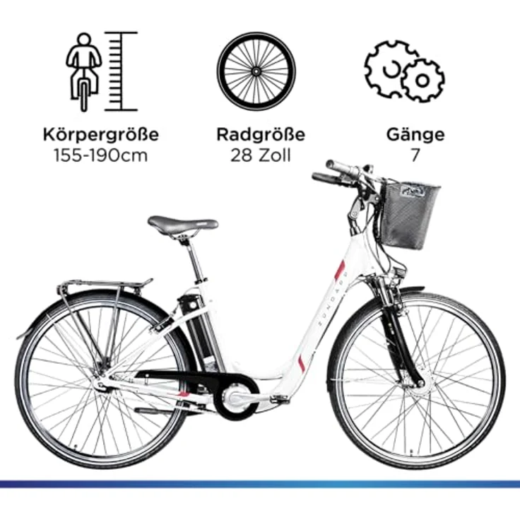 ZÜNDAPP E Bike Damen Fahrrad 28 Zoll | Retro E-Bike mit 7 Gang Shimano Schaltung und Rücktrittbremse, Elektro Fahrrad für City, weiß/beere – Bild 3