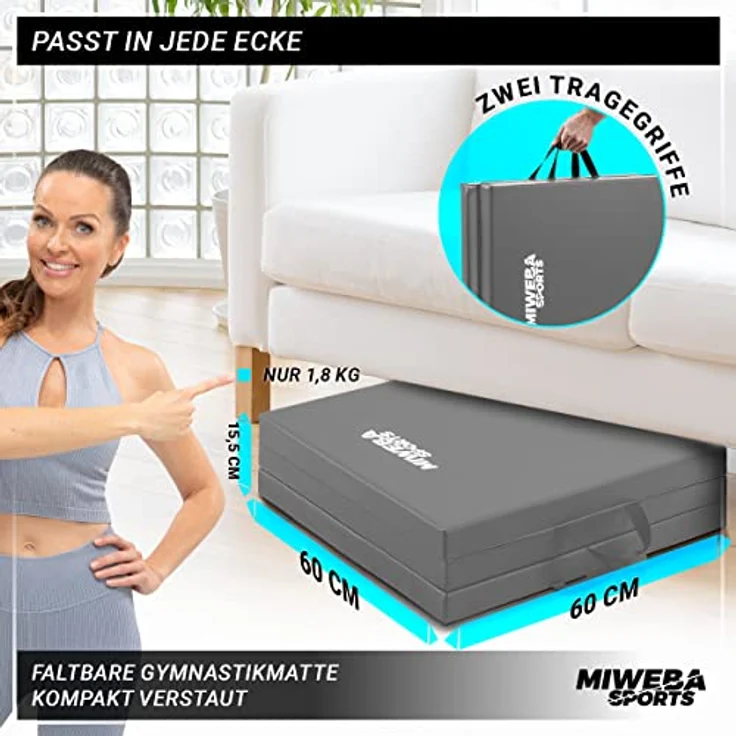 Miweba Sports Gymnastikmatte GM100 - Klappbare Weichbodenmatte - 180x60x5cm - Rutschfeste Sportmatte - Fitnessmatte - Turnmatte - Trainingsmatte - Bodenmatte - Spielmatte - Yogamatte (Grau) – Bild 3