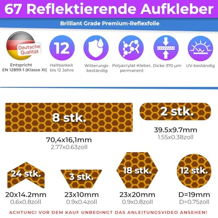 LOOM Fahrrad Reflektoren Aufkleber Set, 67 Stück in Brilliant Gelb, wasserdichte Oralite Qualität für Helm, Rucksack und Anhänger – Bild 2