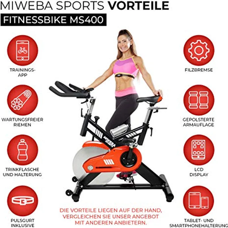 Miweba Sports Profi Indoor Cycling Bike MS400 | 22 Kg Schwungmasse - Traglast 150.0 Kg - Fitness Heimtrainer Fahrrad - Pulsmessung - Stufenfreie Widerstandsverstellung - Speedbike - Ergometer – Bild 2