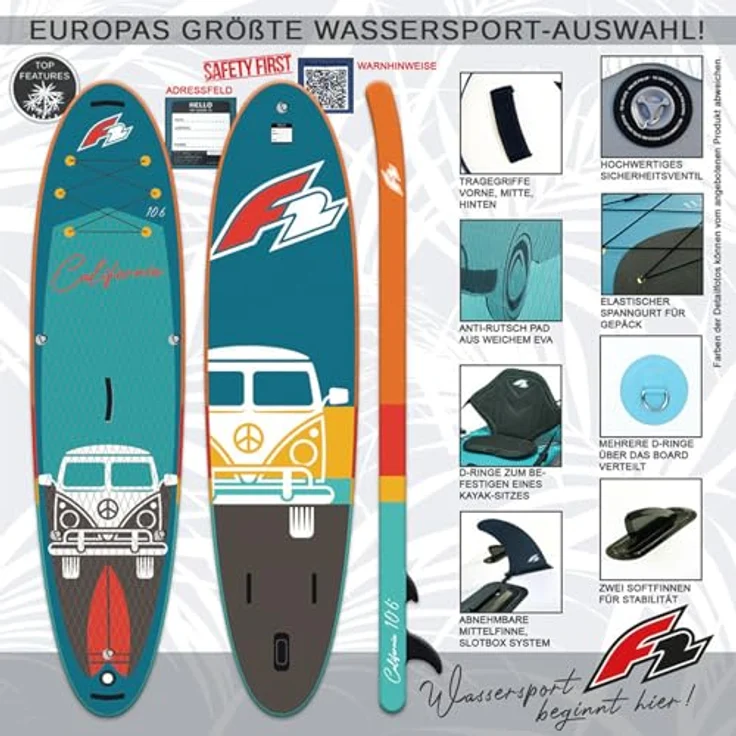 F2 Stand up Paddle Board CALIFORNIA - HFT SUP 10,6, Aufblasbar, Türkis, mit 2 Softfinnen und Zubehörset – Bild 2