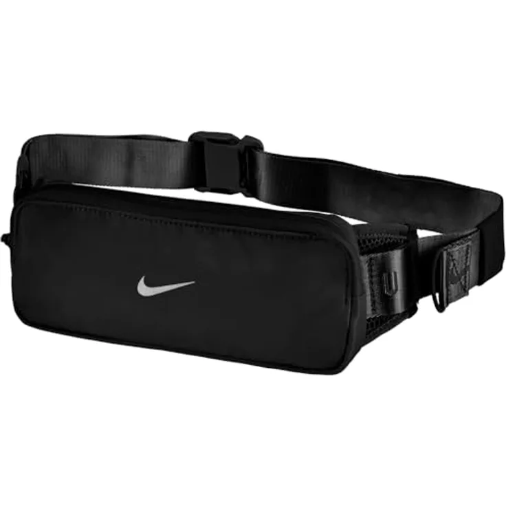 Nike Tempo Waistpack, Laufgürtel für Smartphone und Schlüssel, wasserabweisend, verstellbarer Hüftgurt, Schwarz/Silber, One Size