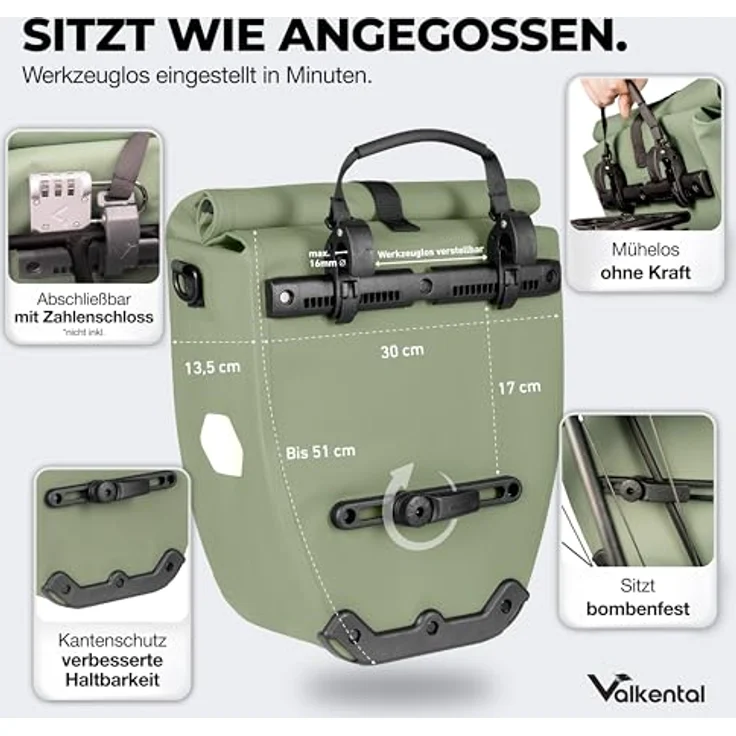 Valkental Gepäckträgertasche, wasserdichte Fahrradtasche mit 20L Füllvolumen und Reflektoren in Natur Grün – Bild 2