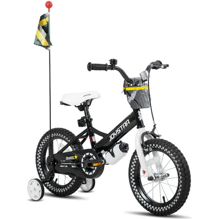 JOYSTAR Kinderfahrrad 12/14/16 Zoll, ergonomisches Jungenfahrrad in Schwarz mit Fahne, Klingel und Trinkflaschenhalter, geeignet für 2-7 Jahre