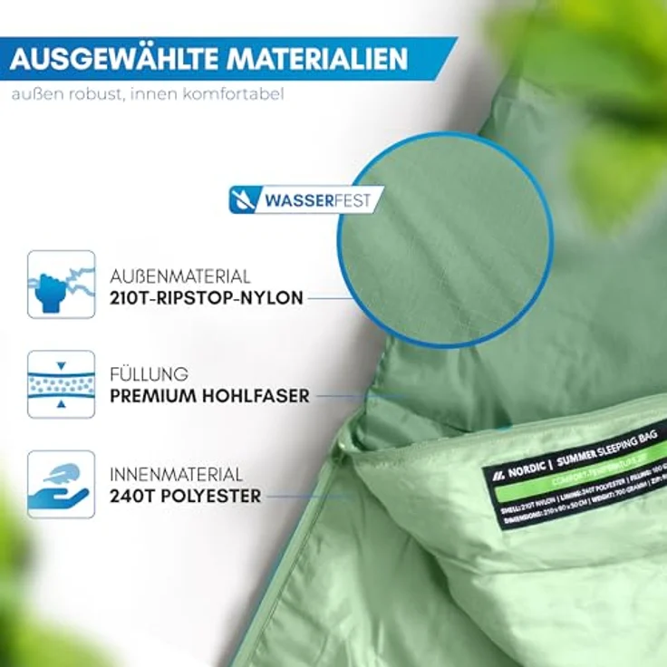 NORDMUT® Schlafsack Ultraleicht, Mumienschlafsack für Sommer (100 GSM) und 4-Jahreszeiten (300 GSM), wasserfest, ergonomisches Design, inkl. Kompressionsbeutel, Grün – Bild 2