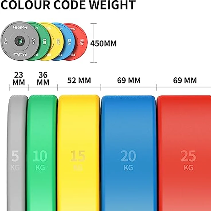 PROIRON Hantelscheiben, Olympic Bumper Plates 50mm, 5-25kg, Hartgummi, Hanteln Gewichtsscheiben nach IWF Standard – Bild 3