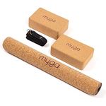 Myga Kork-Yoga-Set, Komplettes Set mit Yogamatte, 2 Yogablöcken & Gurt (Schwarz), Rutschfest, Umweltfreundlicher Naturkork