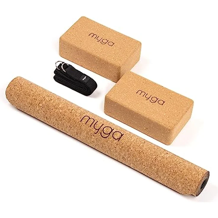 Myga Kork-Yoga-Set, Komplettes Set mit Yogamatte, 2 Yogablöcken & Gurt (Schwarz), Rutschfest, Umweltfreundlicher Naturkork – Bild 1