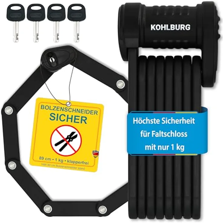 KOHLBURG Fahrrad Faltschloss Modell Wien, 89 cm, 1 kg leicht, hohe Sicherheit, inkl. Halterung für E-Bike & E-Scooter