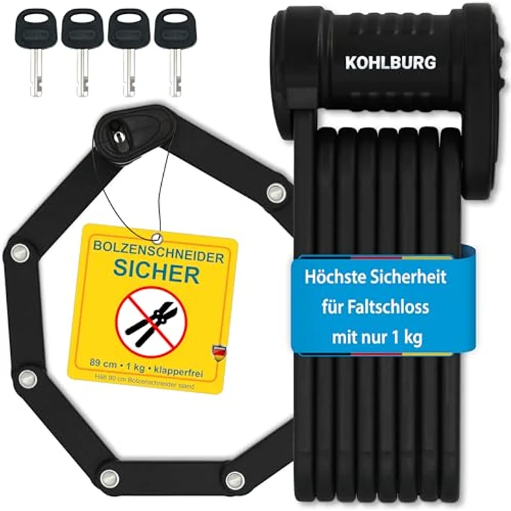 KOHLBURG Fahrrad Faltschloss Modell Wien, 89 cm, 1 kg leicht, hohe Sicherheit, inkl. Halterung für E-Bike & E-Scooter – Bild 1