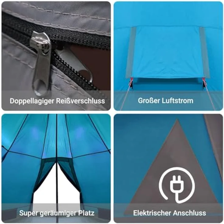 vidaXL Campingzelt, Tipi-Zelt für 4 Personen, wasserdicht mit E-Anschluss, blau, 5.5 kg – Bild 5
