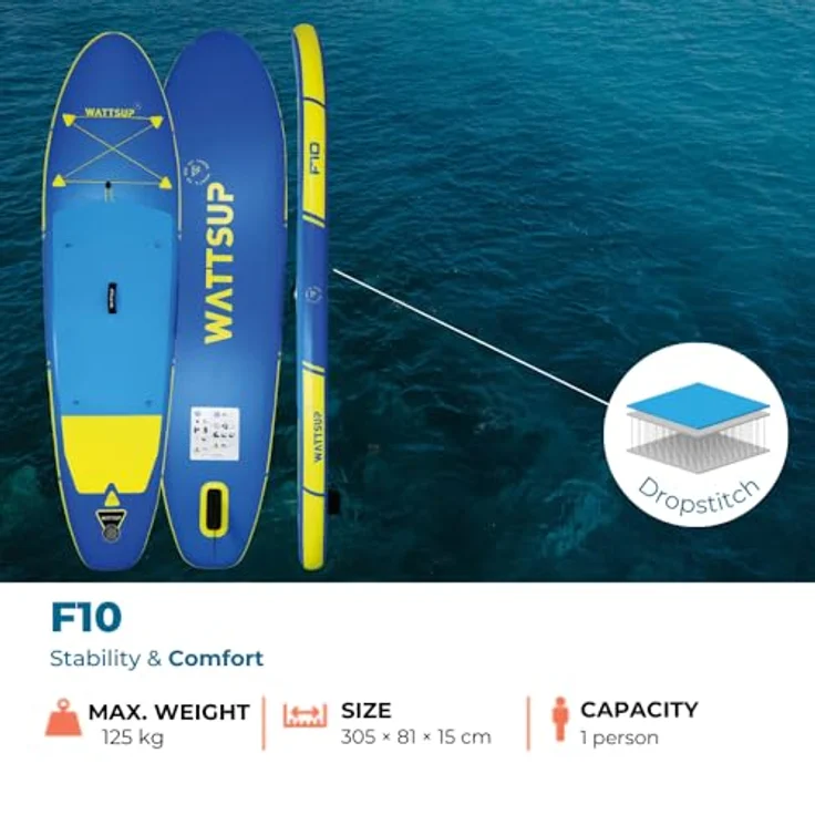 WattSUP F10 SUP Board Stand Up Paddle Surf-Board Paddel ISUP 305x81cm, Blau/Yellow – Bild 3