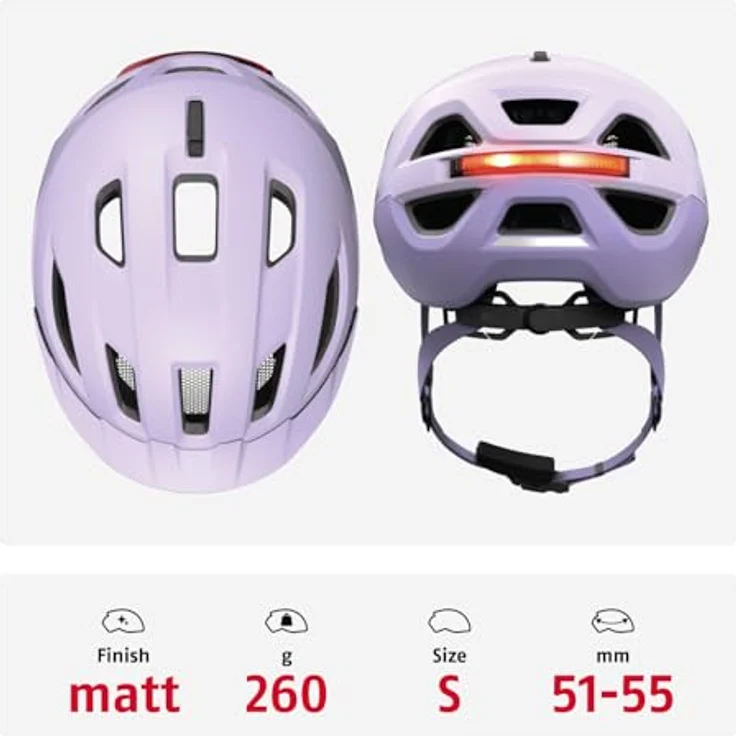 ABUS Stadthelm Urban-I 4.0 ACE, Fahrradhelm mit aufladbarem Rücklicht, 4 Leuchtmodi, Zopf-Öffnung, magnetischem Verschluss - Größe S, lila – Bild 4