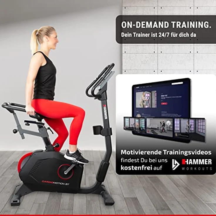 HAMMER Ergometer Cardio Motion BT, leises Fitnessfahrrad mit tiefem Einstieg und Comfort-Sattel, geeignet als Heimtrainer für Senioren, Bluetooth und App-Steuerung, Tablethalterung, 110 x 52 x 140 cm – Bild 3