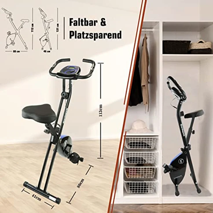 Fjoerdesports faltbarer Fahrradtrainer, Heimtrainer, Fitnessfahrrad LCD Trainingscomputer, klappbarer Hometrainer, inklusive Pulsmessung, maximales Benutzergerwicht 110 kg, 8 Widerstandsstufen (Blau) – Bild 3