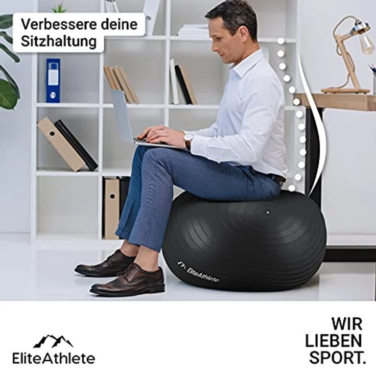 EliteAthlete Gymnastikball Sitzball Büro ergonomisch mit Anti Burst System - Fitness Pilates Schwangerschaft - Schwangerschaftsball Fitnessball Yogaball - Yoga Ball 55cm inkl. Luftpumpe – Bild 3