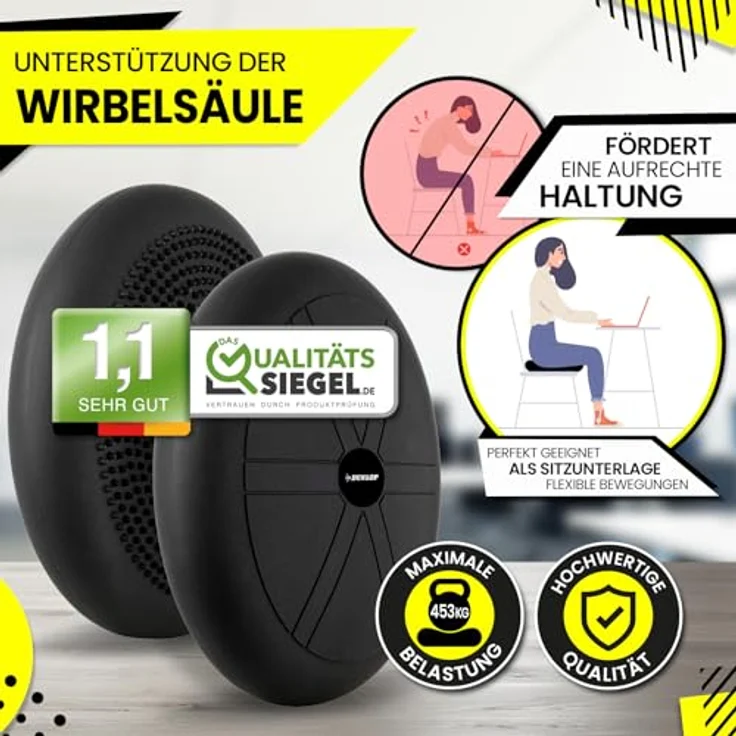 DUNLOP Sports Balance Kissen Ball Sitzkissen - Premium Balancekissen orthopädisch über 450 kg belastbar Spezial Noppen, Schwarz – Bild 4