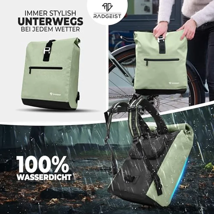 RADGEIST Fahrradtasche für Gepäckträger, 20L Rucksack & Umhängetasche in Mint, wasserdicht, mit Laptopfach, für Damen & Herren – Bild 3