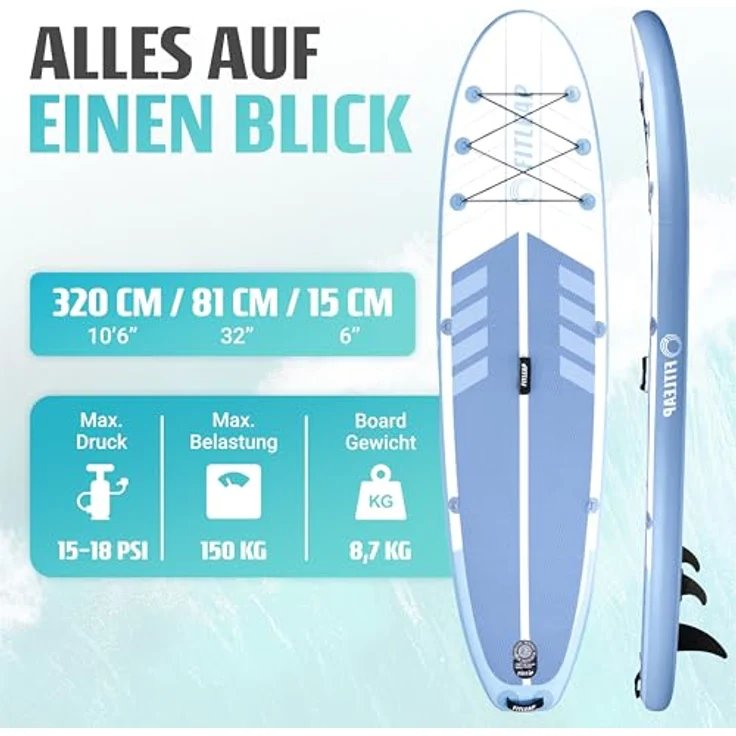 Fitleap Premium Stand Up Paddle Board aufblasbar, SUP Set mit Hochdruckpumpe, verstellbarem Paddel und Rucksack - Ideal für Yoga, Surfen und Wassersport – Bild 2