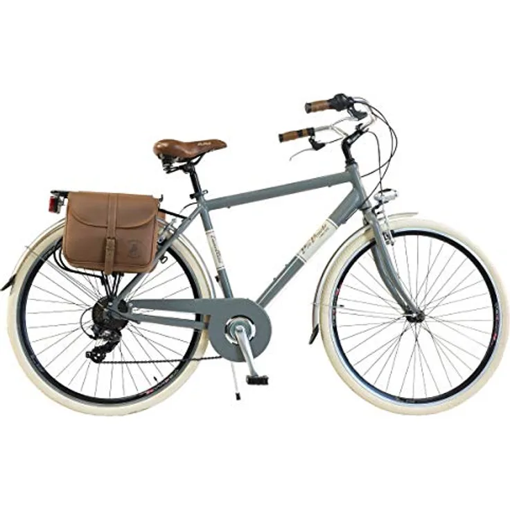 Via Veneto by Canellini Fahrrad Rad Citybike CTB Herren Vintage Retro Alluminium (Grau, 58) - Shimano TX50 6-Gang Schaltung, Seitentaschen aus braunem Leder