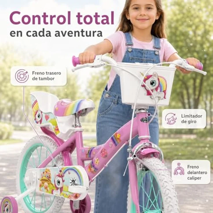 Toimsa Bikes Kinderfahrrad 16 Zoll Mädchenfahrrad mit Einhorn-Design, 1 Gang, Puppensitz, Korb und Stützräder – Bild 3