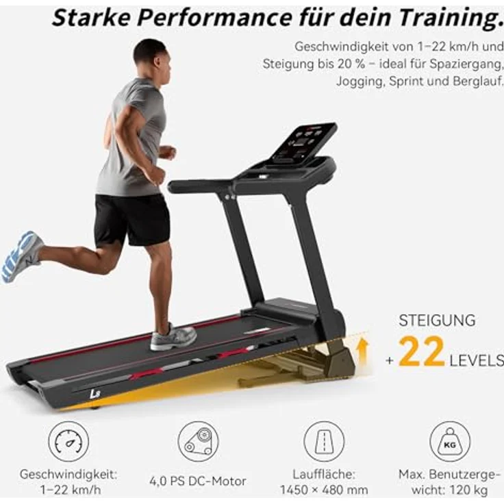 JASPORT L8 Elektrisches Laufband klappbar, 4.0 PS DC-Motor, bis 22 km/h, 0–20% Steigung, 70 Programme, LED-Display, Bluetooth-Lautsprecher, 1450×480 mm Lauffläche, maximal 120 kg – Bild 3