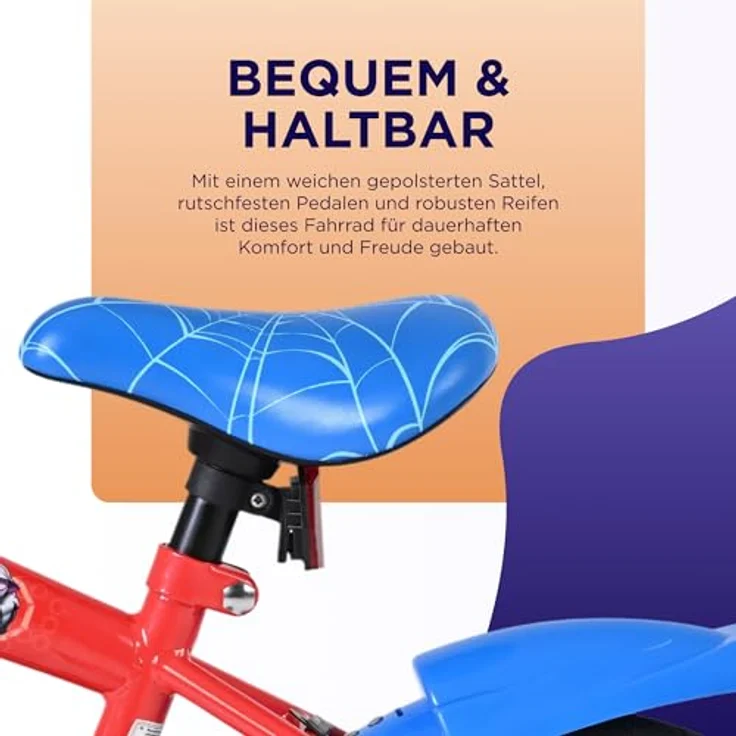 Volare Spider-Man Kinderfahrrad, 12 Zoll mit Handbremse, Rücktrittbremse, abnehmbaren Stützrädern, Blau/Rot – Bild 5