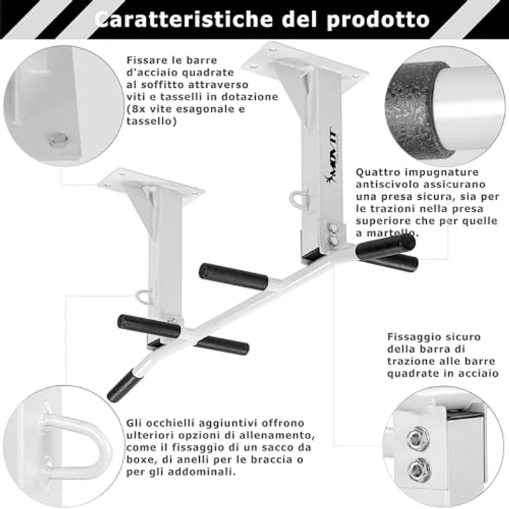 MOVIT® Profi Klimmzugstange zur Deckenmontage, bis 350 kg, 6x rutschfeste Griffe, 2x Ösen für Zubehör, schadstoffgeprüft, Schwarz, Türreck Reckstange Pull up bar – Bild 2