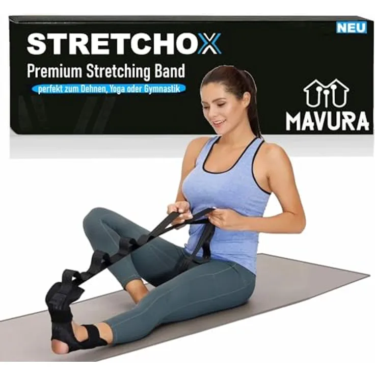 MAVURA STRETCHOX Premium Stretch Band Yoga Fitness Bein Fuß Dehnung Gurt, Stretching Belt Bänderdehnung Beintraining - Flexibilität, Gleichgewicht & Stabilität - Universell Passend (Schwarz)