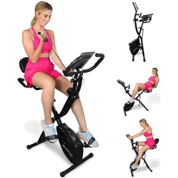 Mobiclinic® Fitness, Klappbarer Heimtrainer + Widerstandsbänder, 2 in 1, Everest, 8 Stufen, bis zu 100Kg, LCD-Display, Pulsmesser, verstellbarer Sitz, 2,5Kg Rad, Trainer X-Bike, Rot