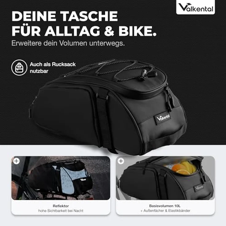 Valkental 3in1 Fahrradtasche für Gepäckträger, wasserfest und reflektierend, Rucksackfunktion, 10-14L Volumen, zahlreiche Fächer, schwarz/grau – Bild 2