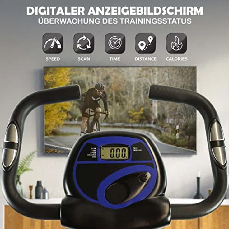 Fjoerdesports faltbarer Fahrradtrainer, Heimtrainer, Fitnessfahrrad LCD Trainingscomputer, klappbarer Hometrainer, inklusive Pulsmessung, maximales Benutzergerwicht 110 kg, 8 Widerstandsstufen (Blau) – Bild 2