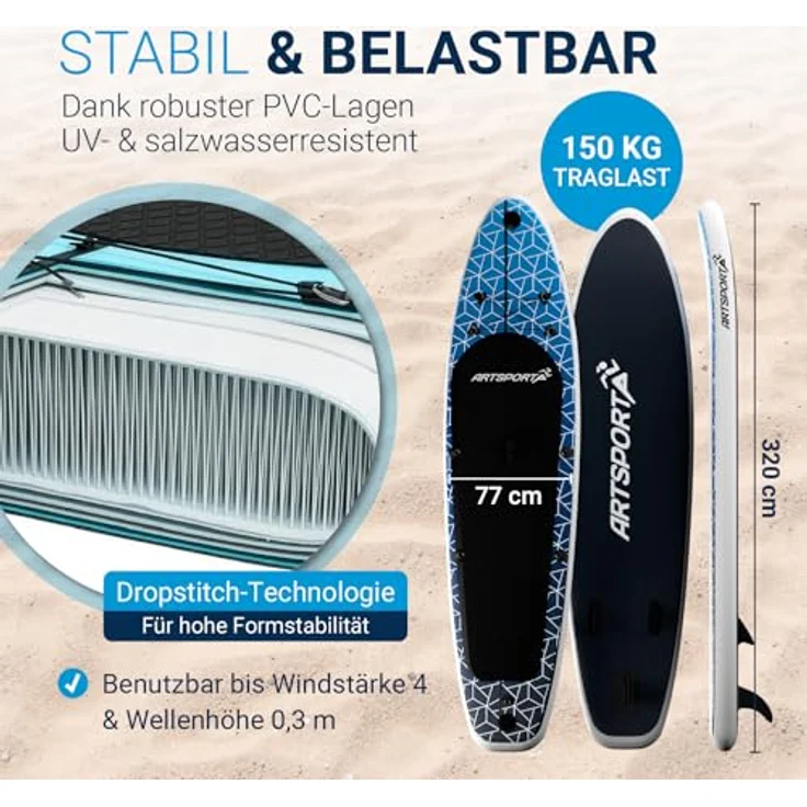 ARTSPORT® Stand Up Paddling Board Set Deep Ocean, aufblasbar 320 cm mit Kajaksitz, Action-Cam Halterung & Zubehör, 150 kg Tragkraft – Bild 3