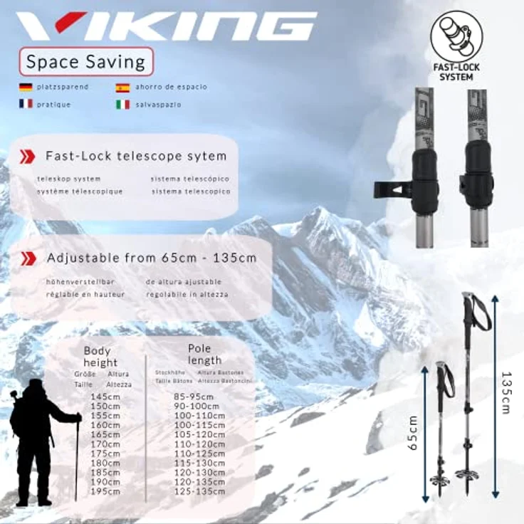 VIKING Vario Tour Trekkingstöcke, leichte Karbon Teleskopstöcke für Skitouren und Trekking, verstellbar 65-135 cm, Grau, Fast-Lock System – Bild 2