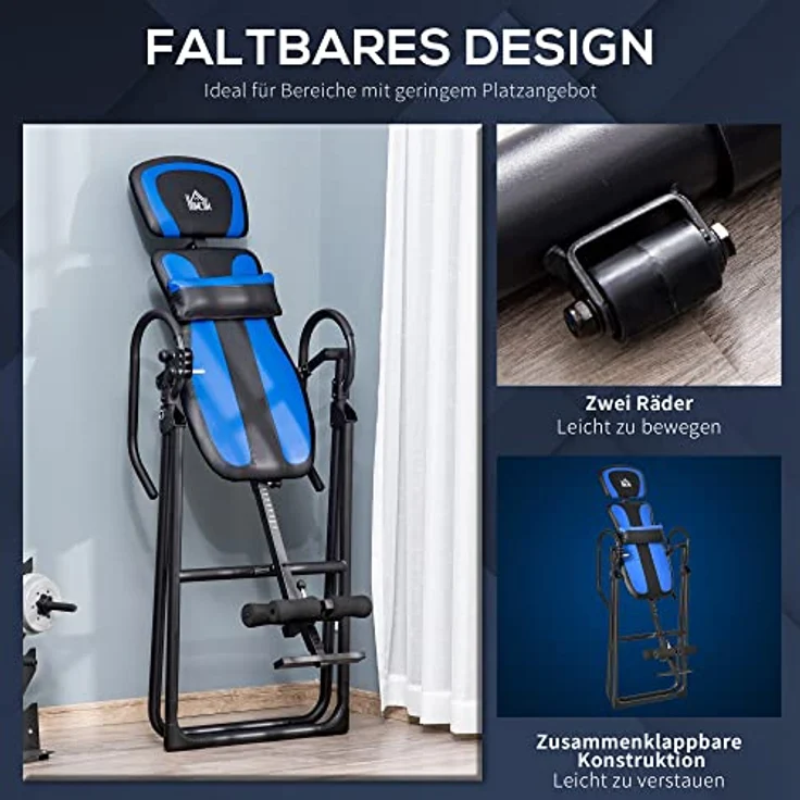 HOMCOM Inversionsbank klappbarer Schwerkrafttrainer mit zwei beweglichen Rädern eingestellt Rückenpolster Metall ABS Schwarz+Blau 132 x 71 x 145 cm – Bild 3