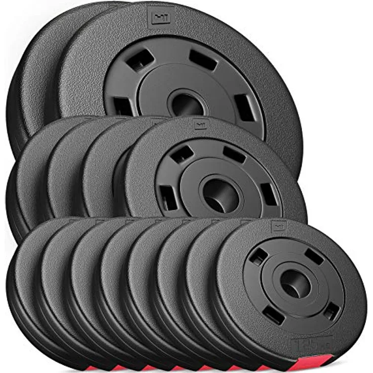 Hop-Sport 30kg Hantelscheiben Sets aus Kunststoff 30 mm Gewichte Auswahl: 2x5kg+2x10kg / 4x2,5kg+4x5kg / 8x1,25kg+4x2,5+2x5kg