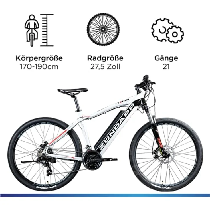 ZÜNDAPP E Mountainbike 650B Hardtail Pedelec 27,5 Zoll Z801 eBike Elektrofahrrad (schwarz/weiß, 48 cm) - Vielseitiges E-Mountainbike für täglichen Einsatz und Geländefahrten, 250W Hinterradmotor, 418Wh Akku, 27,5 Zoll Rahmen, 21 Gang Schaltung, mechanische Scheibenbremsen, einstellbare Federgabel, Aluminium-Slopingrahmen, 27,5" Reifen, ergonomische Griffe, schaumstoffgepolsterter Sattel, vormontiert, Sattelhöhe einstellbar - Preisvergleich – Bild 3