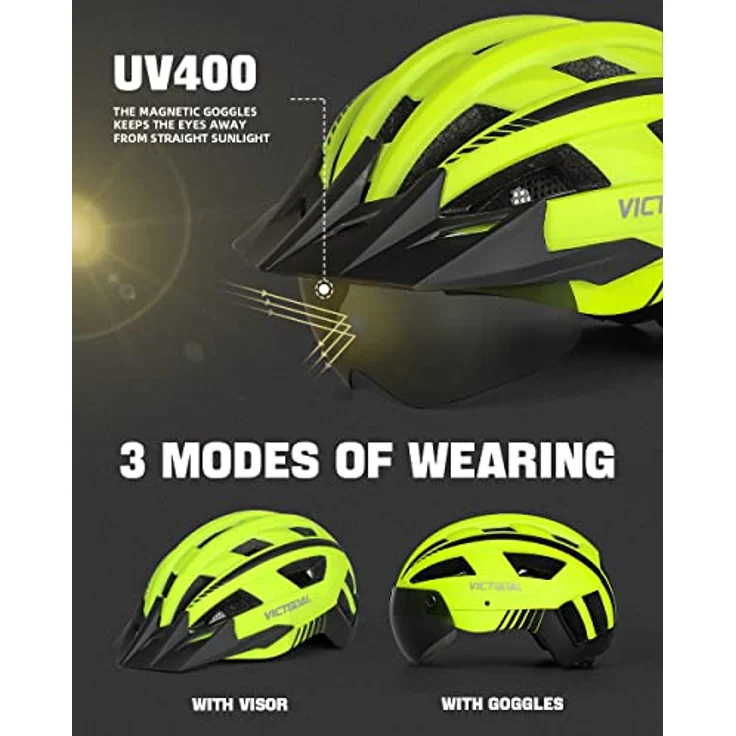 Victgoal VICTGOAL Fahrradhelm MTB, abnehmbare magnetische Schutzbrille, 21 Belüftungskanäle, LED Rücklicht, einstellbare Größe (XL: 59-63cm, Gelb) – Bild 2