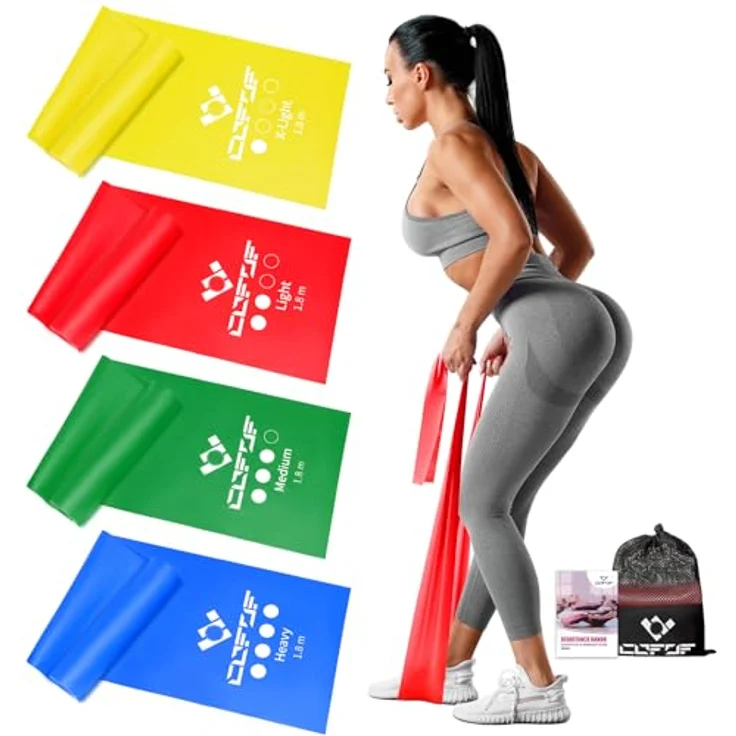 COFOF Fitnessbänder 4er-Set, Gymnastikband mit 4 Widerstandsstufen, Tragetasche & Übungsanleitung, ideal für Yoga und Pilates, gelb, blau, grün, rot – Bild 1