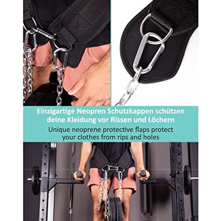 PULLUP & DIP Gürtel mit Kette und 3x Karabiner, Dip Gürtel inkl. Neopren Klappen als Kleiderschutz, Gewichtsgürtel, Weighted Belt, Klimmzug Gürtel für Calisthenics, Kraftsport, Bodybuilding – Bild 4